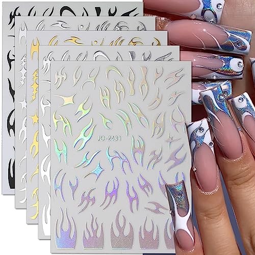 8 Sheets Irregular Flame Nail Art Stickers – Metallic Silver, Black, White,