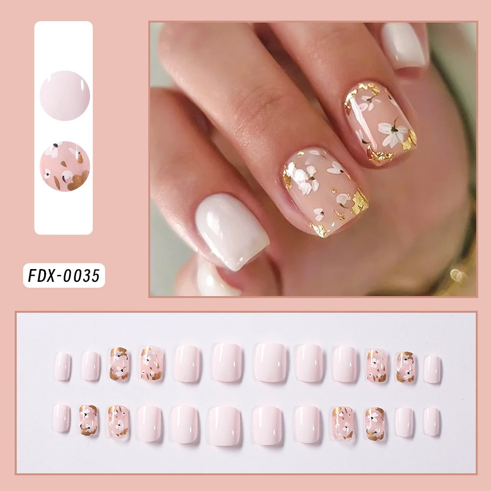 24Pcs Multicolor Floral Round Square Head Acrylic Full Cover Tips Press On Nails
