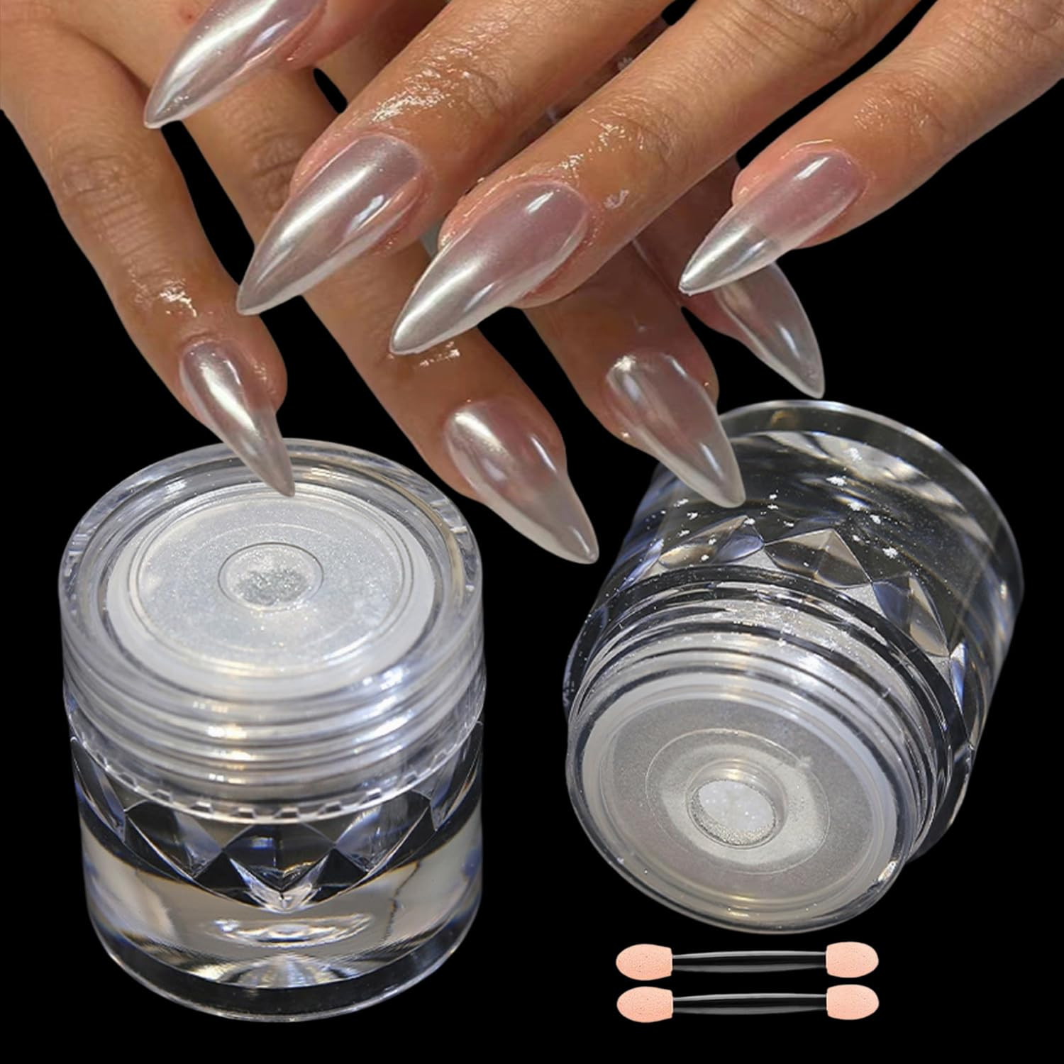 2Pcs White Chrome Nail Powder Moonlight Pearl Powder for Nails, Magic Clear Pear