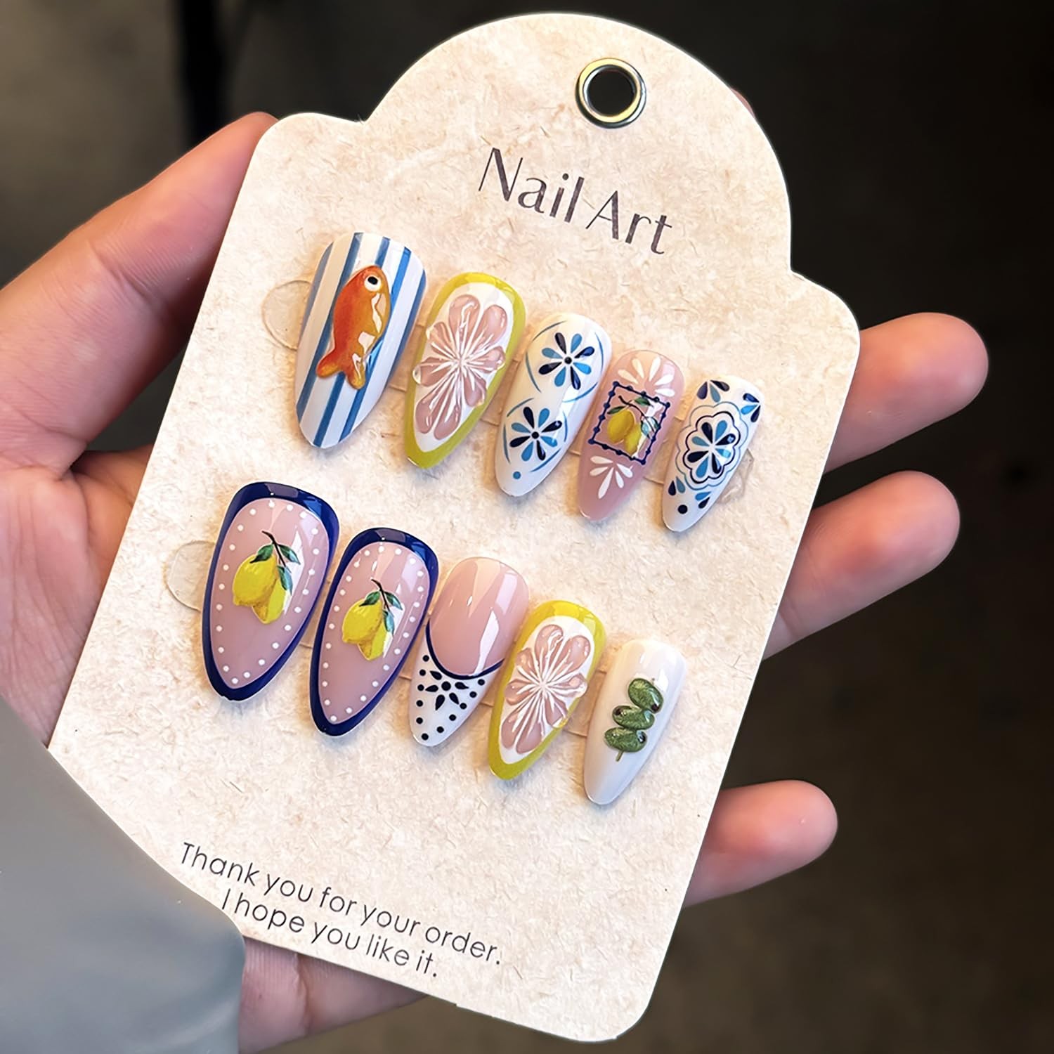 24Pcs Summer Press on Nails Medium Almond Fake Almond, Multicolor