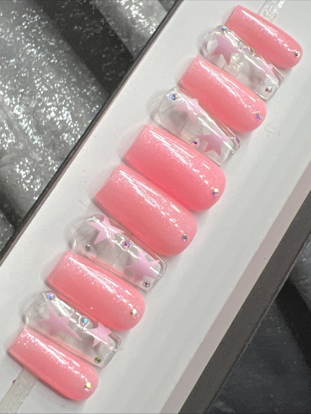 🔥 CUSTOM Gel Press On Nails, LIGHT PINK WHITE W BLING 10p FULL SET W Kit