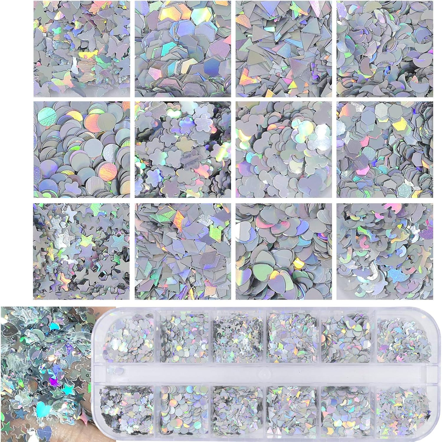 4 Boxes Holographic Nail Sequins Shapes Mixed Iridescent Nail Glitter Flakes But