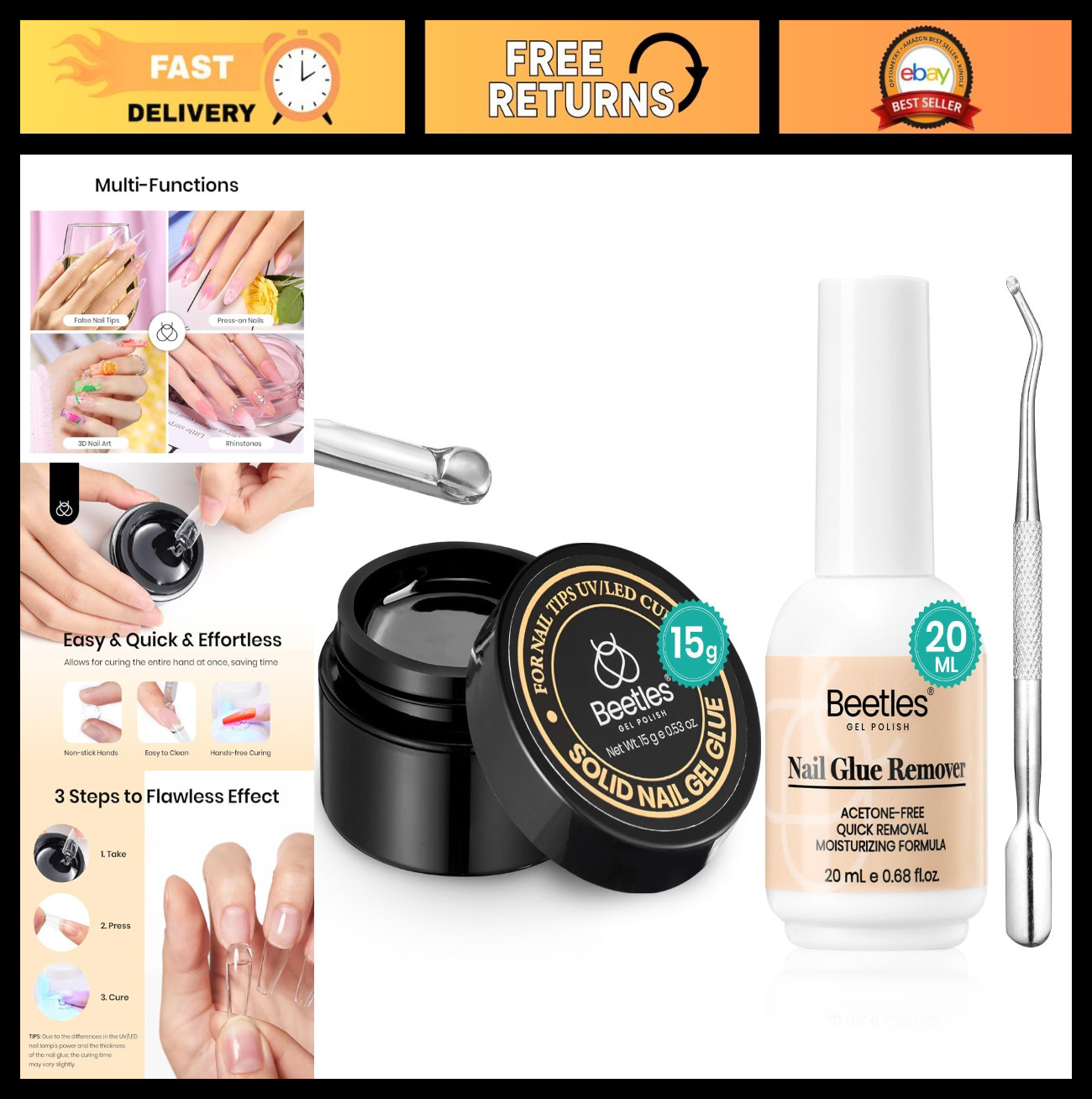 Solid Nail Glue Gel & Remover Set 20ml – Press On & Acrylic Nails, UV Light Cure