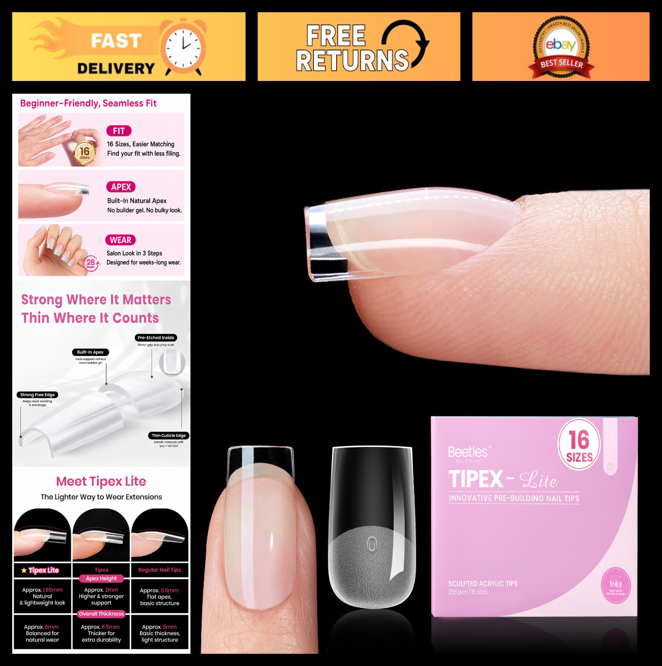 Instant Nail Tips, XS Square 256pcs (00-14) | No Builder Gel, DIY Acrylic Nails,