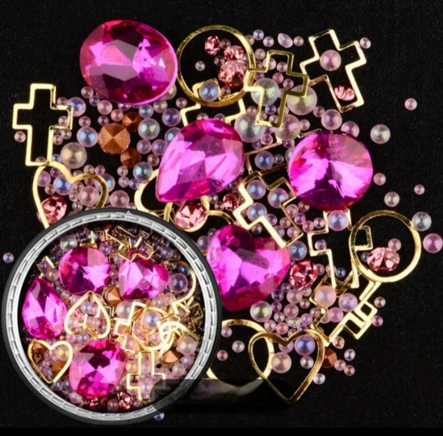 NWT NAIL ART DESIGN GEMS, BEADS & FINDINGS MIXTURE: DEEP PINK CRYSTAL!