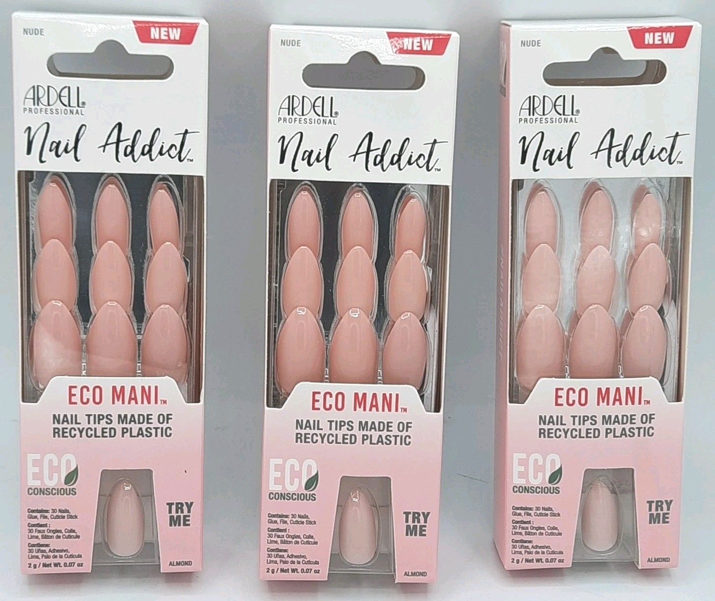 Lot 3 Ardell Nail Addict Eco Mani Press On Color Nude/ Almond Shape 3x30ct Boxes