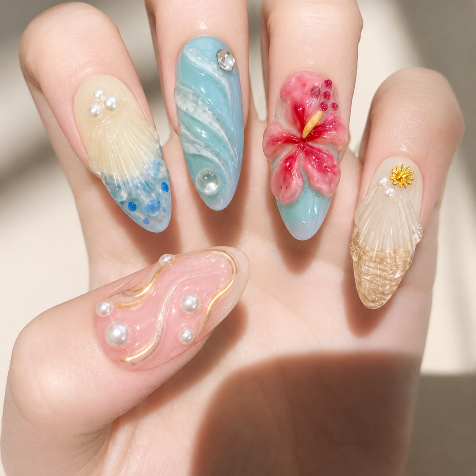 Handmade Pastel Ocean Press On Nails 3D Floral Pearl Seashell Set