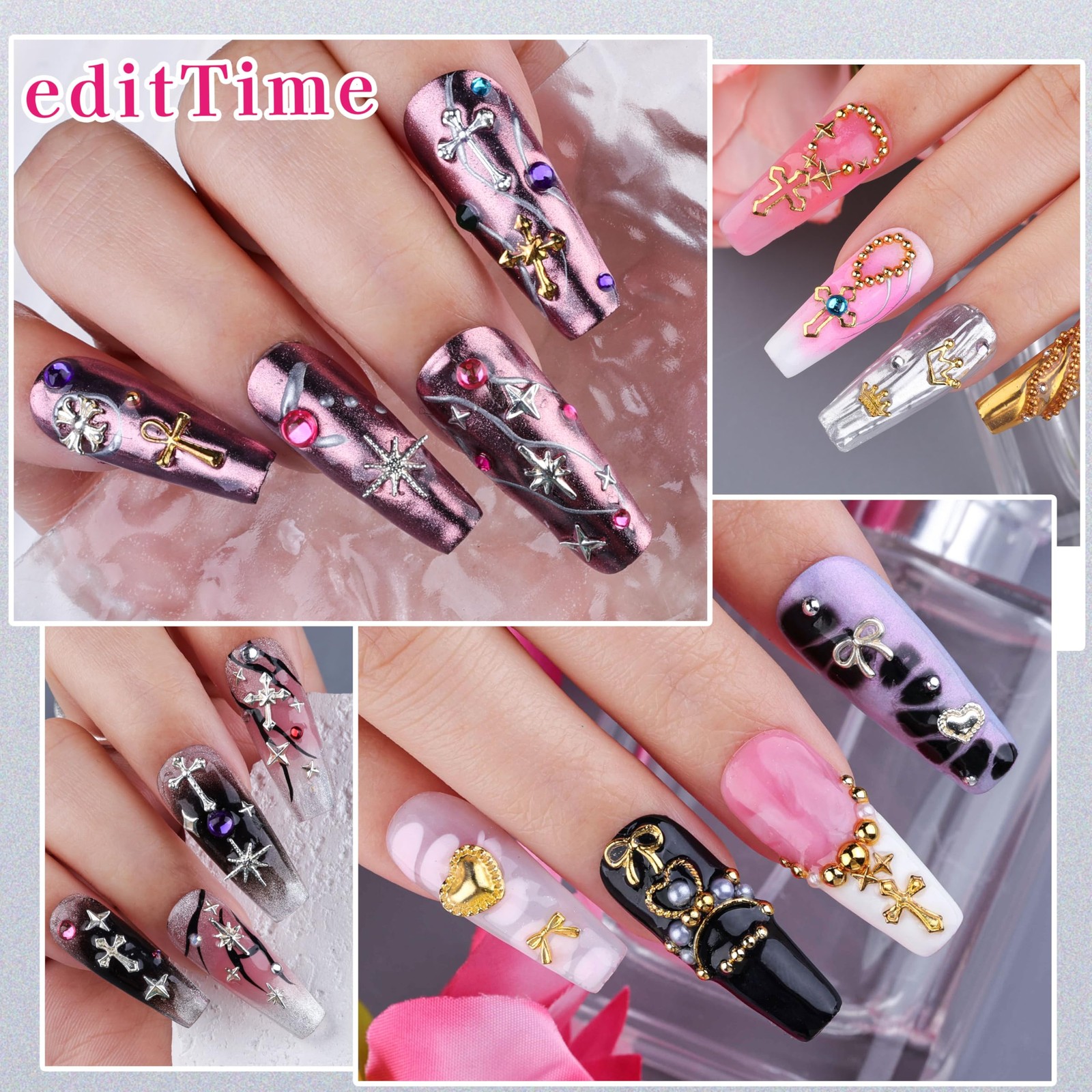 Gold Silver Star Cross Bows Nail Charms, 6 Boxes 3D Metal Y2K Nail Charms and…