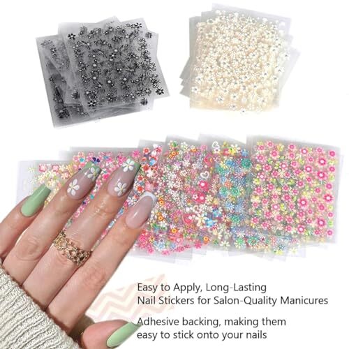 30 Sheets Flower Nail Stickers 3D Self-Adhesive Black White Colorful Cherry