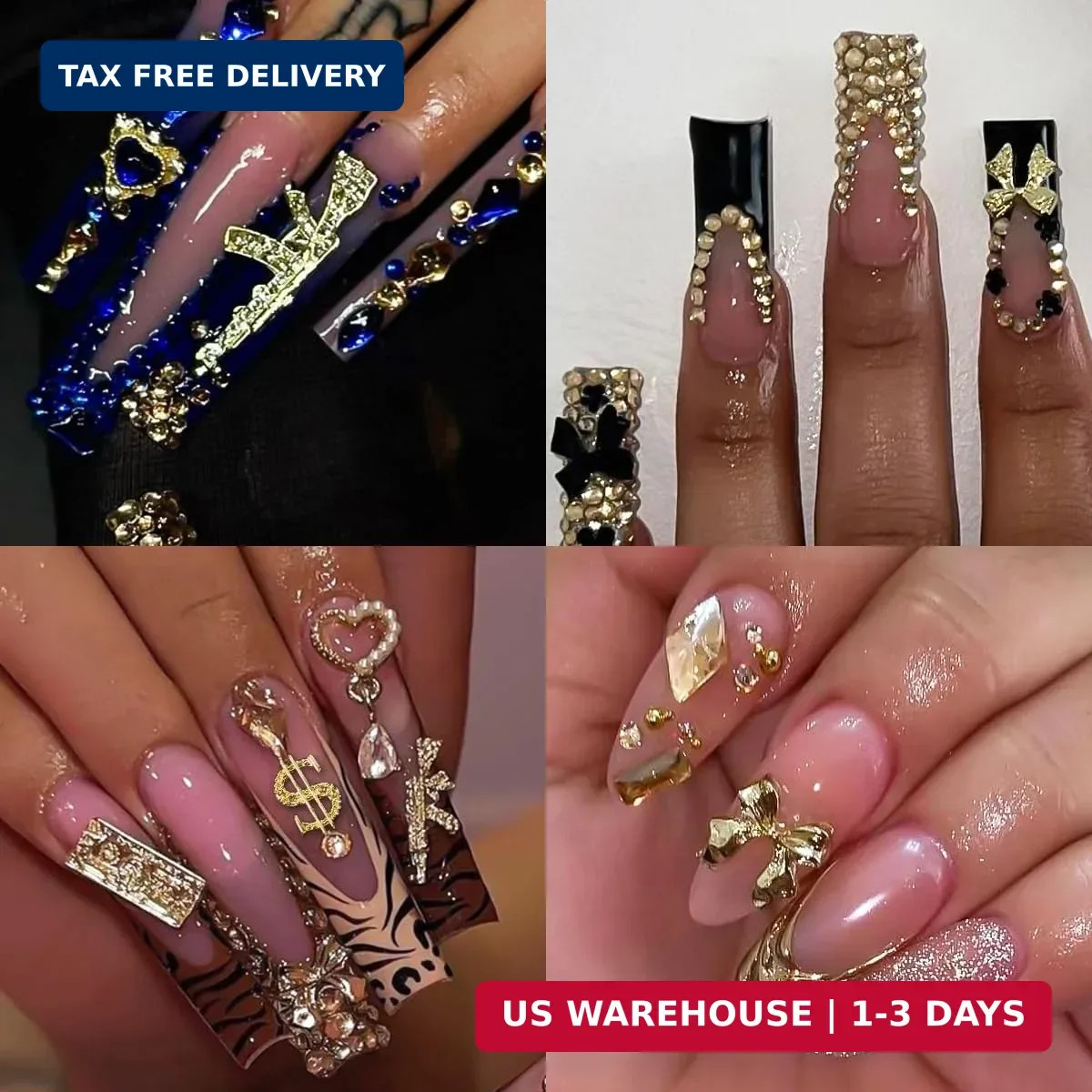 100Pcs Gold Nail Charms and Gems Y2K Nail Charms Bulk 3D Hearts, Dollars, Bow, G