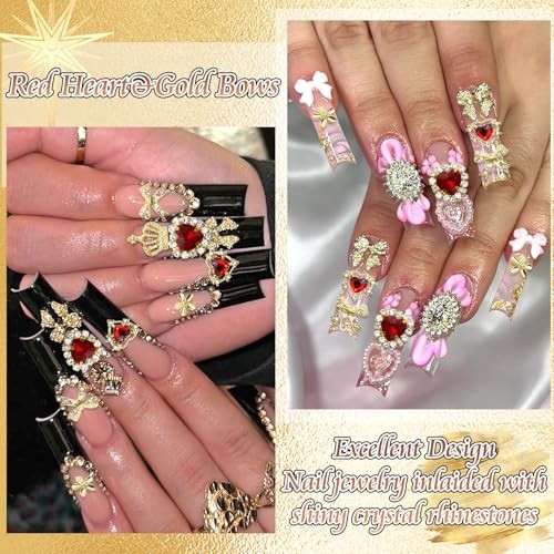 96PCS Gold Bows Nail Charms Red Heart Gems Nail Art Charm Nail Jewels Gold&Red