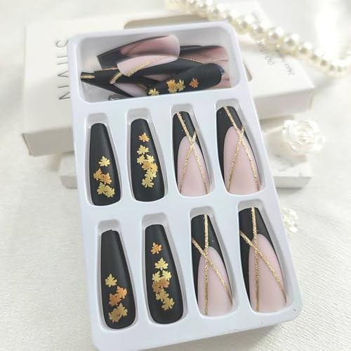 French Tip Press On Nails, 24pcs Long Coffin Maple Leaves Glitter Designs