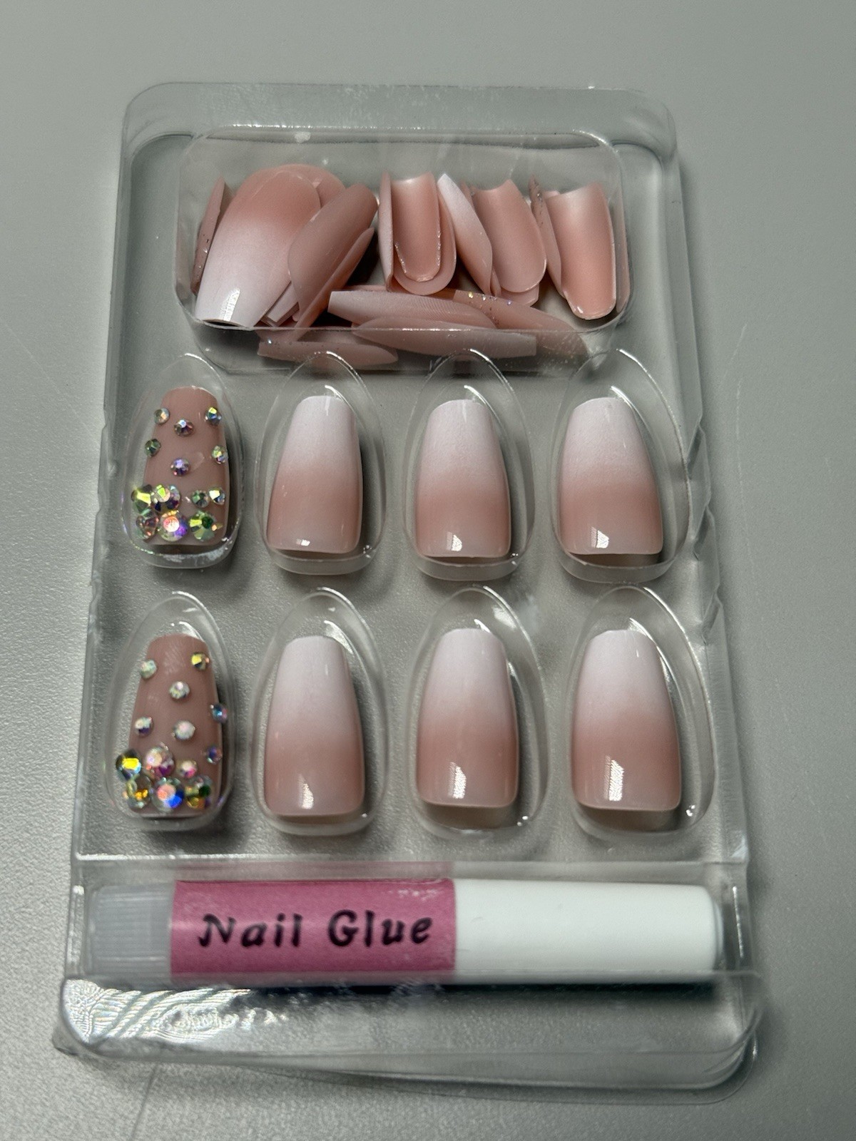 SET OF 2 French Ombre & Rhinestone Press On Nails Set | Nude Pink White
