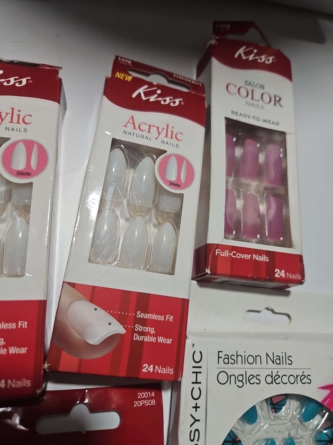 Kiss 24 ACRYLIC NATURAL LONG Glue-On False Nails 3 White 1 Purple 1 Blue Set Of5