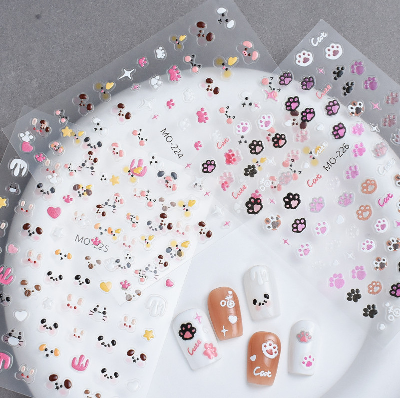 5D Embossed Cat Dog Paws Assorted Designs Gel Nail Stickers Adhesive NS52