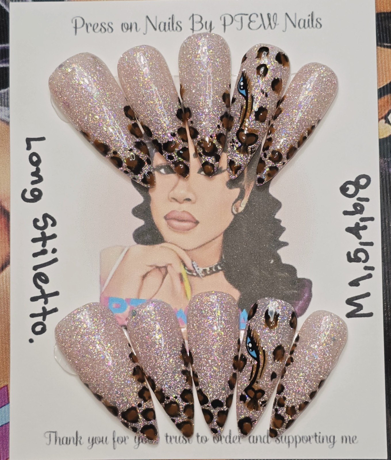 Handmade Press On Nails,Cheetah Nails Design,Medium Size 1,5,4,6,8Long Stiletto