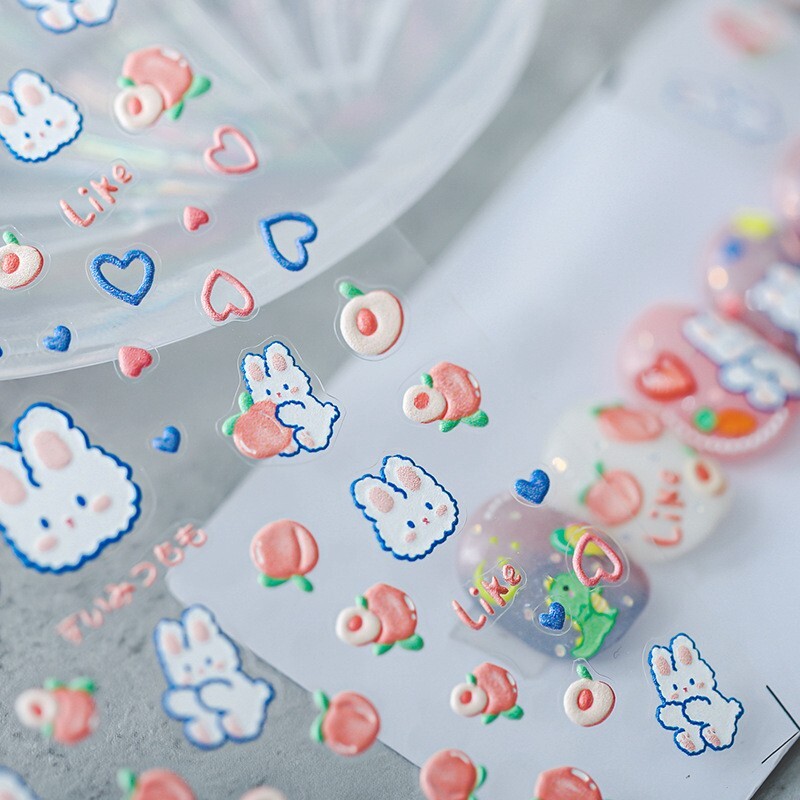 5D Bunny and Peach Nail Stickers, Pink and Blue Heart Nail Art Decals (41)