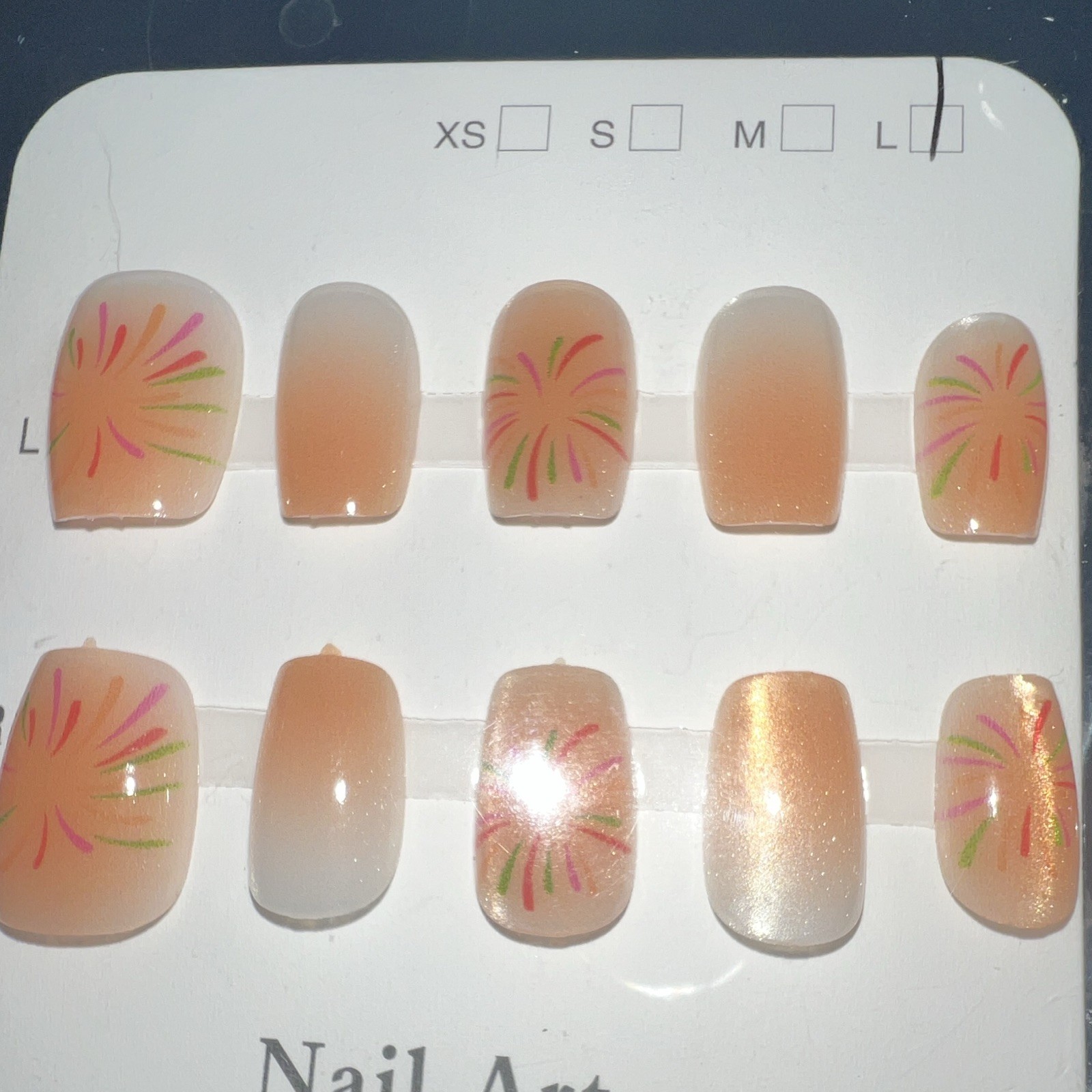 Square Long Press-On Nails Full Cover Pre-Designed Shiny Peach/White Fireworks