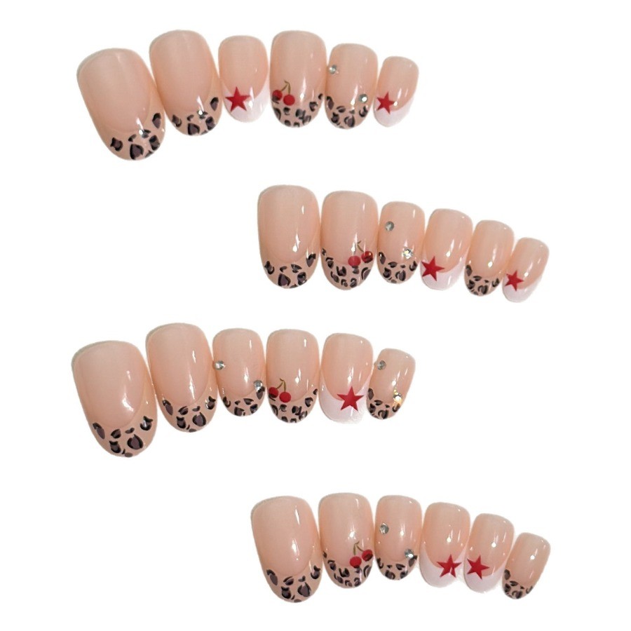 48Pcs-Short Round Nude Leopard Print French Cherry Rhinestone Press on Nails