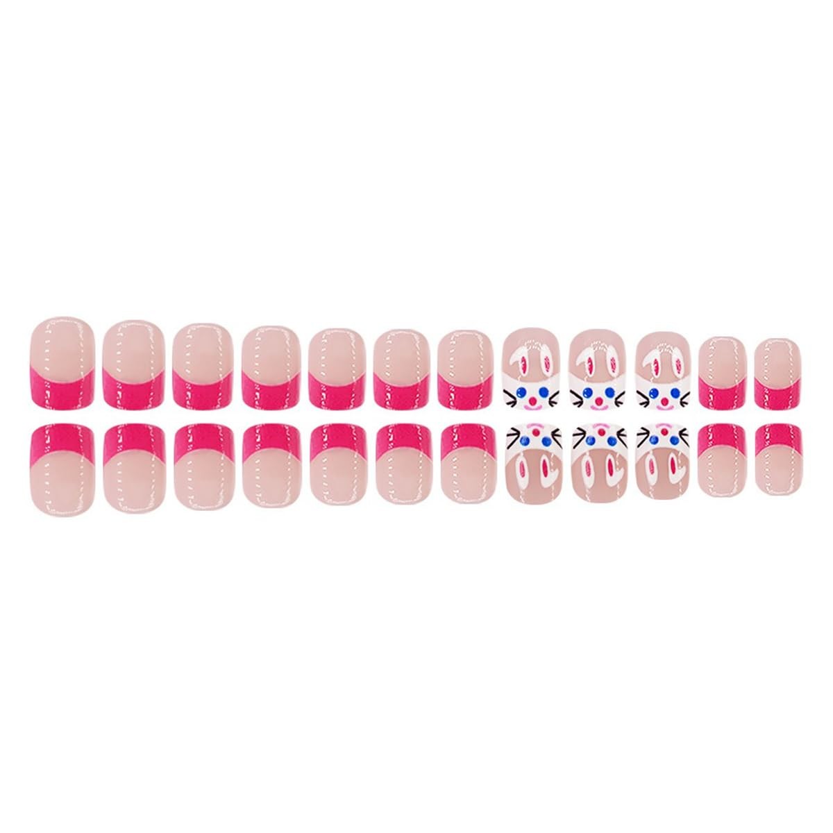 Easter French Tip Press on Nails Short Square Fake Nails Pink Acrylic Nail Ti…