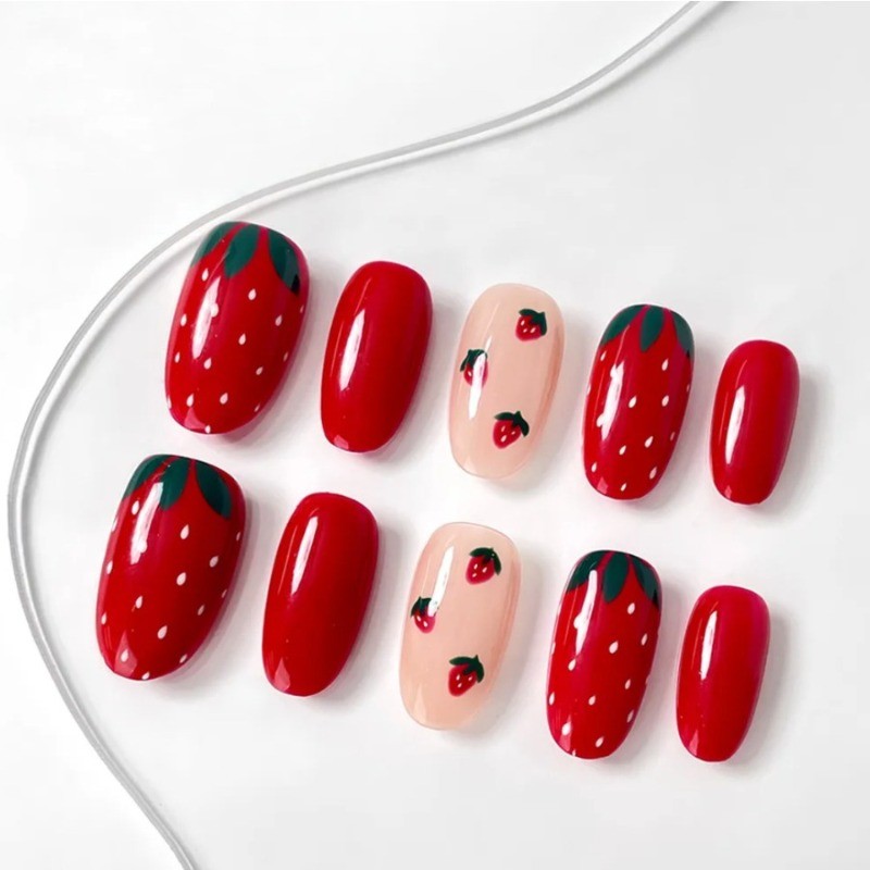 48 Cute Red and White Strawberry Nail Clippers Reusable Dotted Fake Nails