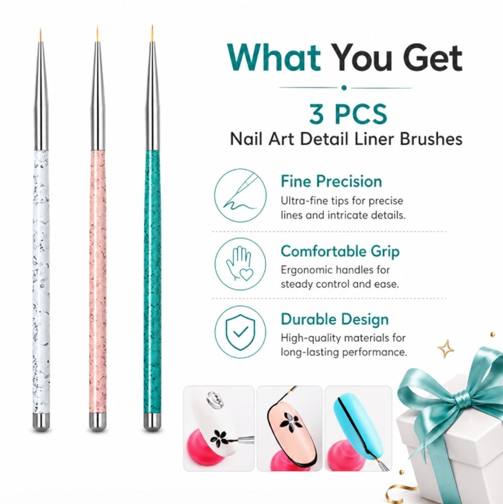 3-Piece Nail Art Tool Set Nail Art Pen UV Gel Dotting Tool Fine Liner Brush Kit