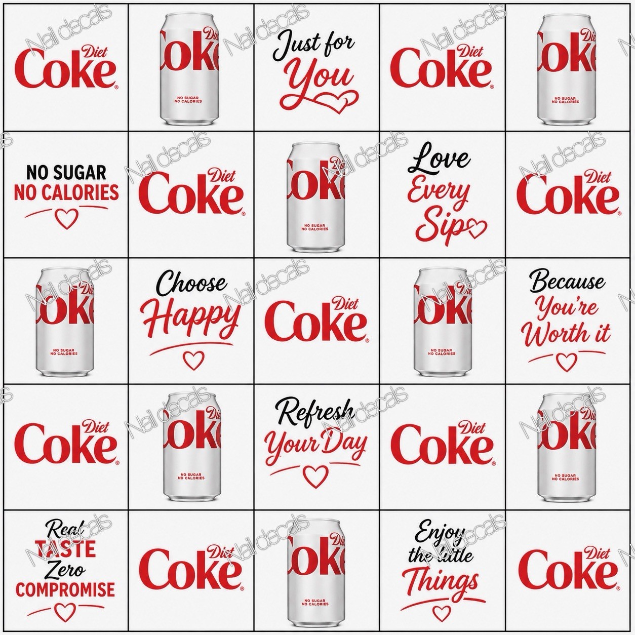 Diet Coke Nail Decals Clear Waterslide Transfer Set of 50 +instructions