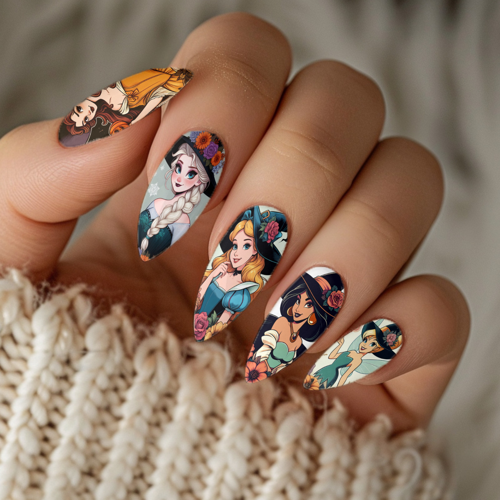 Autumn Princess Halloween Nail Decals Pumpkin Floral Water Transfer Nail Wraps