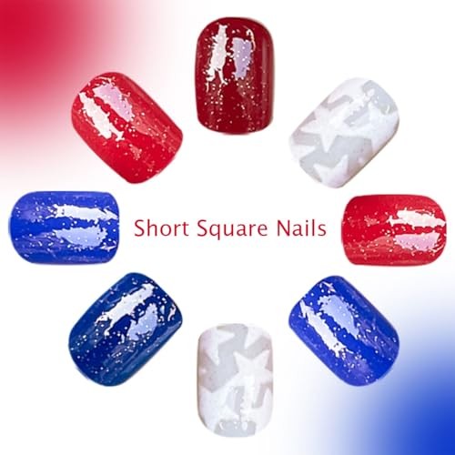 Red 4th of July Press on Nails – Short Square Fake Nails – Red – Blue