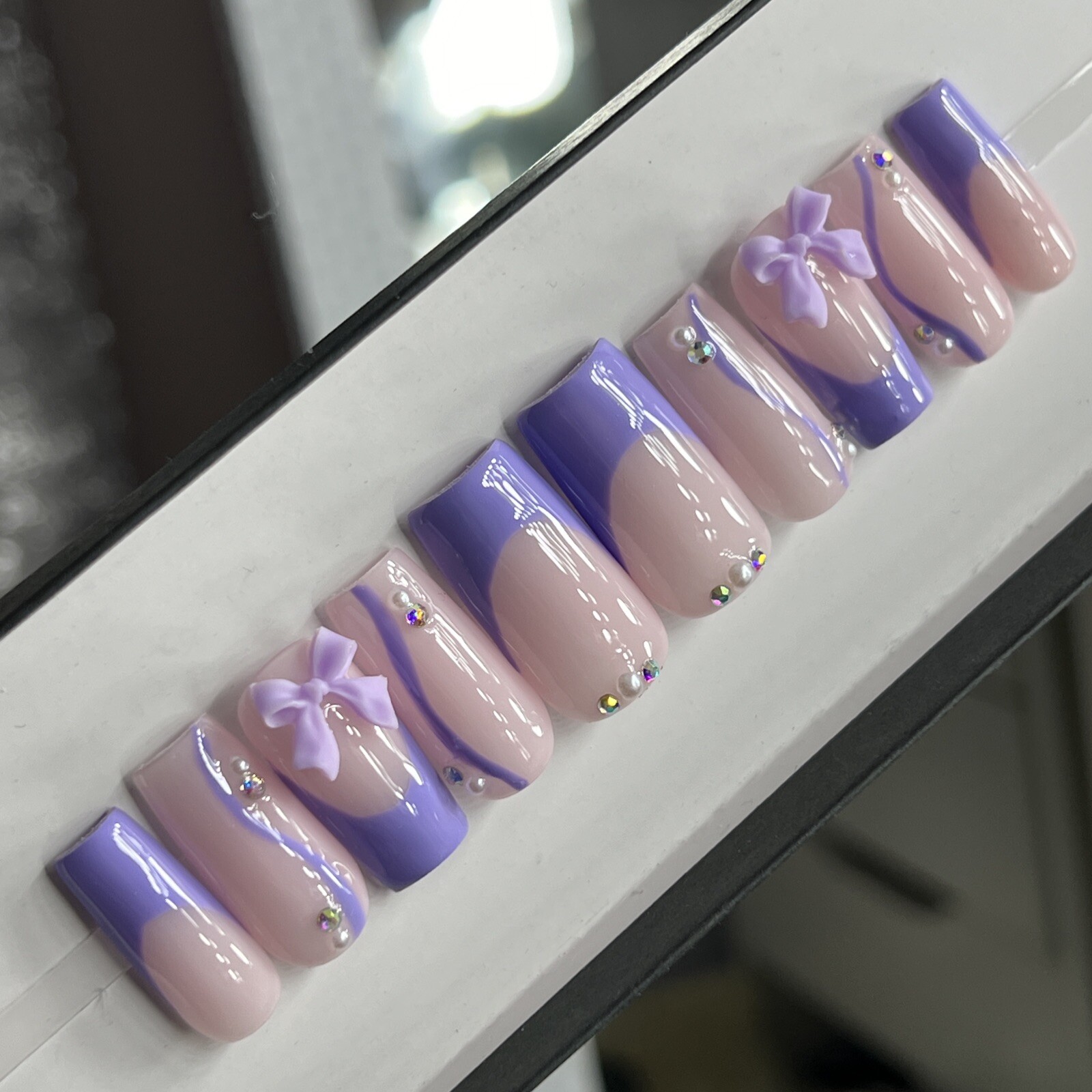 💜 CUSTOM Press On Nails FRENCH PURPLE W BOW PEARLS BLING 10p SET W Kit