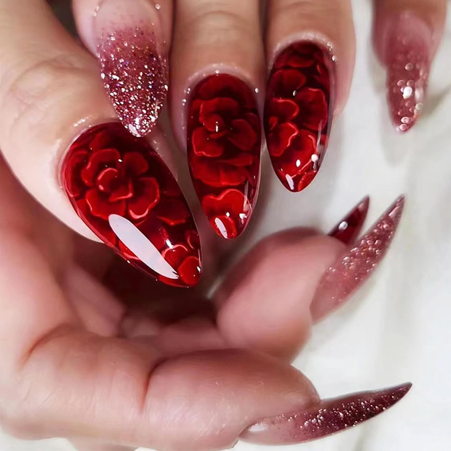 24Pcs Red Gradient Short Almond Press on Nails with Rose Flower Design, Glossy G