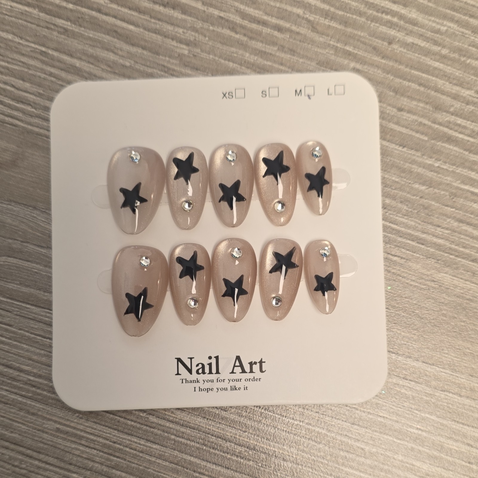 Beige Black Shiny 3D Diamond Star Medium Oval Press-On Nails Set Full Cover