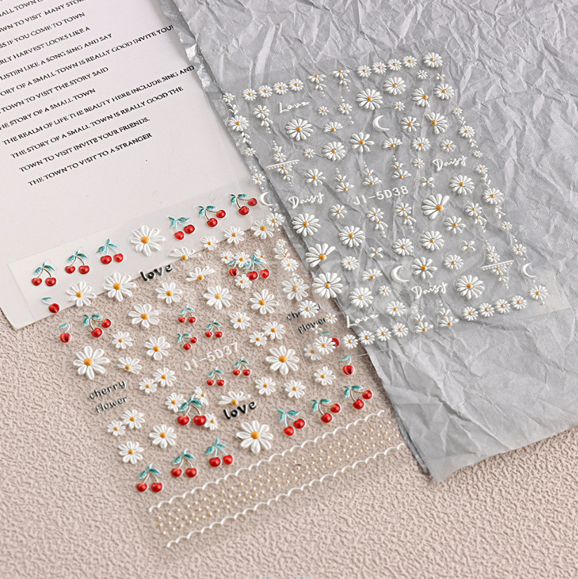 5D Embossed Whit Yellow Daisy Flower Cherry Love Nail Stickers Manicure DIY NS54