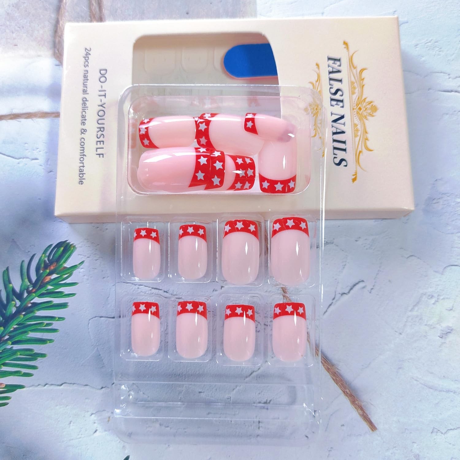 24Pcs 4th of July Press on Nails Short Fake Nails Red French Tip Nails Indepe…
