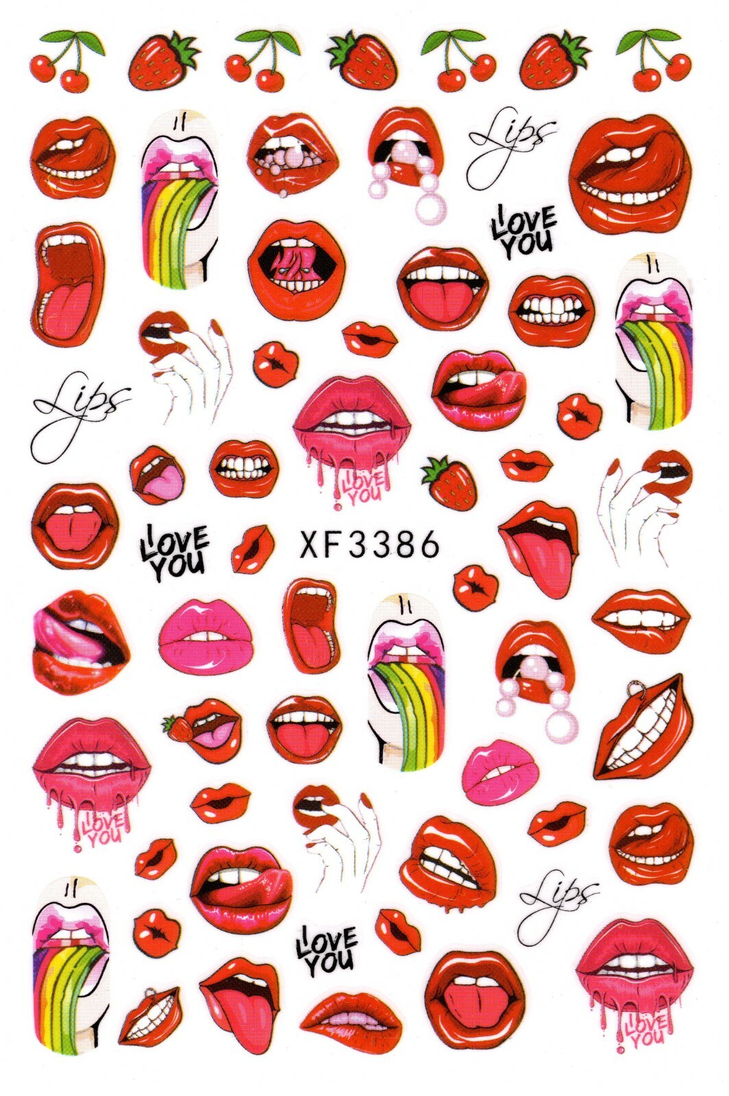 Nail Art 3D Decal Stickers beautiful red lips tongue rainbow cherry XF3386