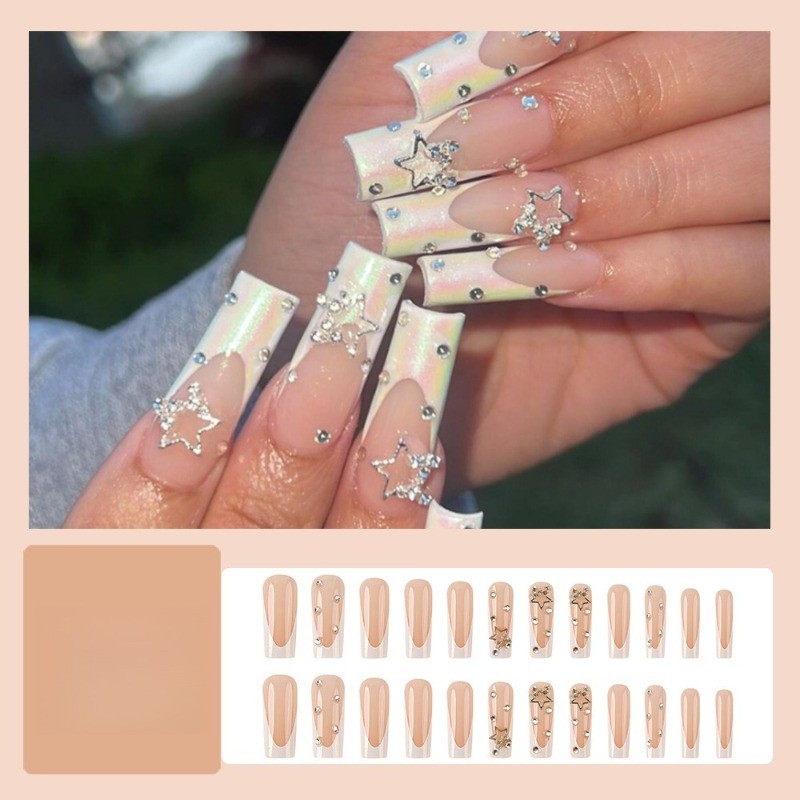 48pcs-Nude Base Nails with Iridescent White French Tips and 3D Star Gem Accents