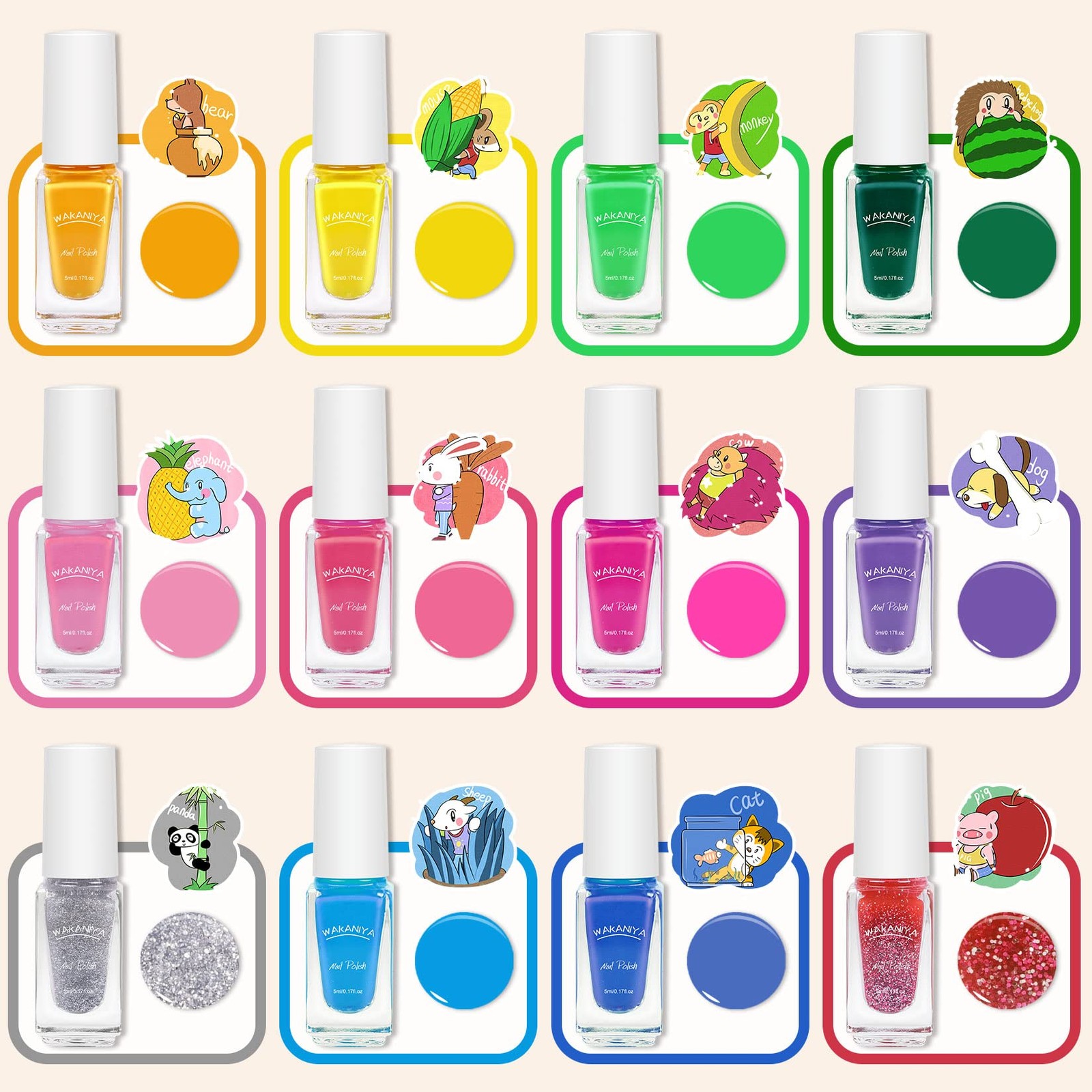 wakaniya Kids Nail Polish Set for Girls – 12 Candy Colors Safe Toddler Nail Kit
