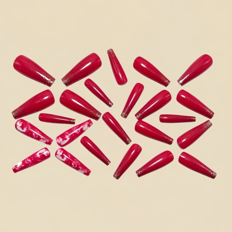 48 Pcs of Red Rose Long Ballet Nail, European and American Fashion Fake Nail Art