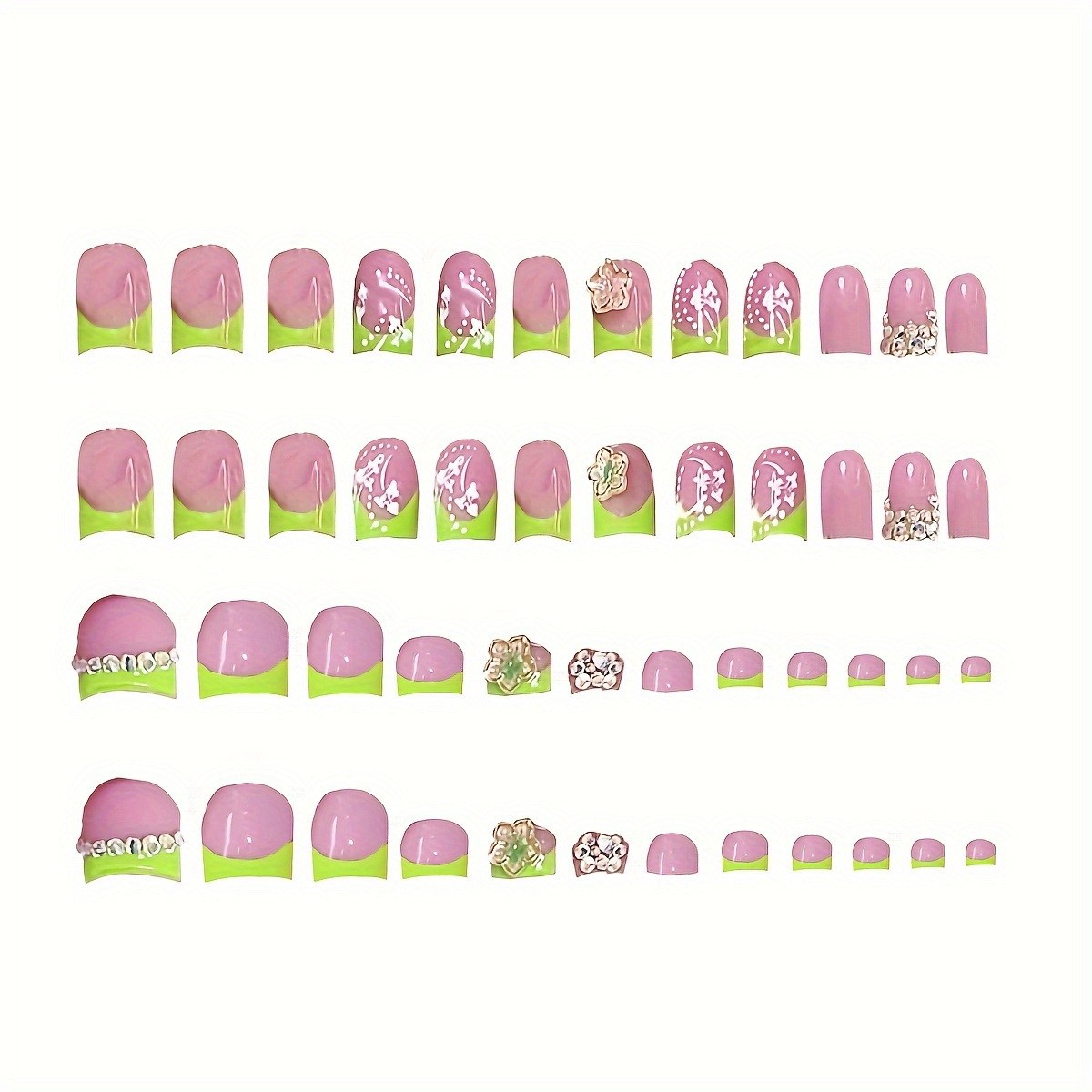 48Pcs Green French Floral Square Press On Nails