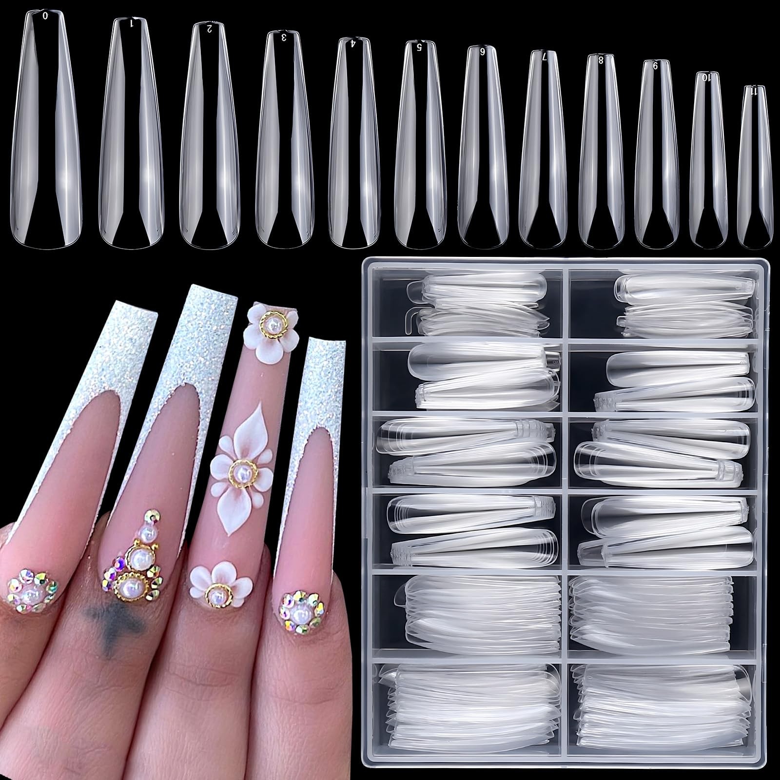 XL Coffin Acrylic Nail Tips, 240pc Ballerina Shaped, Full Cover Artificial Fi…