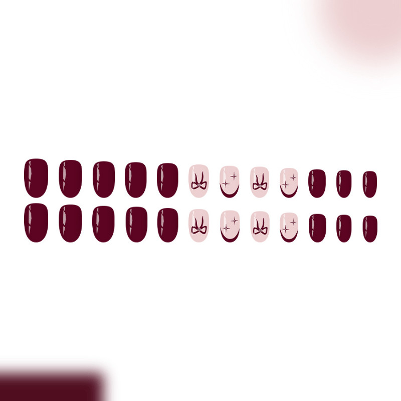 48Pcs-Long Almond Burgundy Nude Bow Star Rhinestone Fake Press on Nails Set