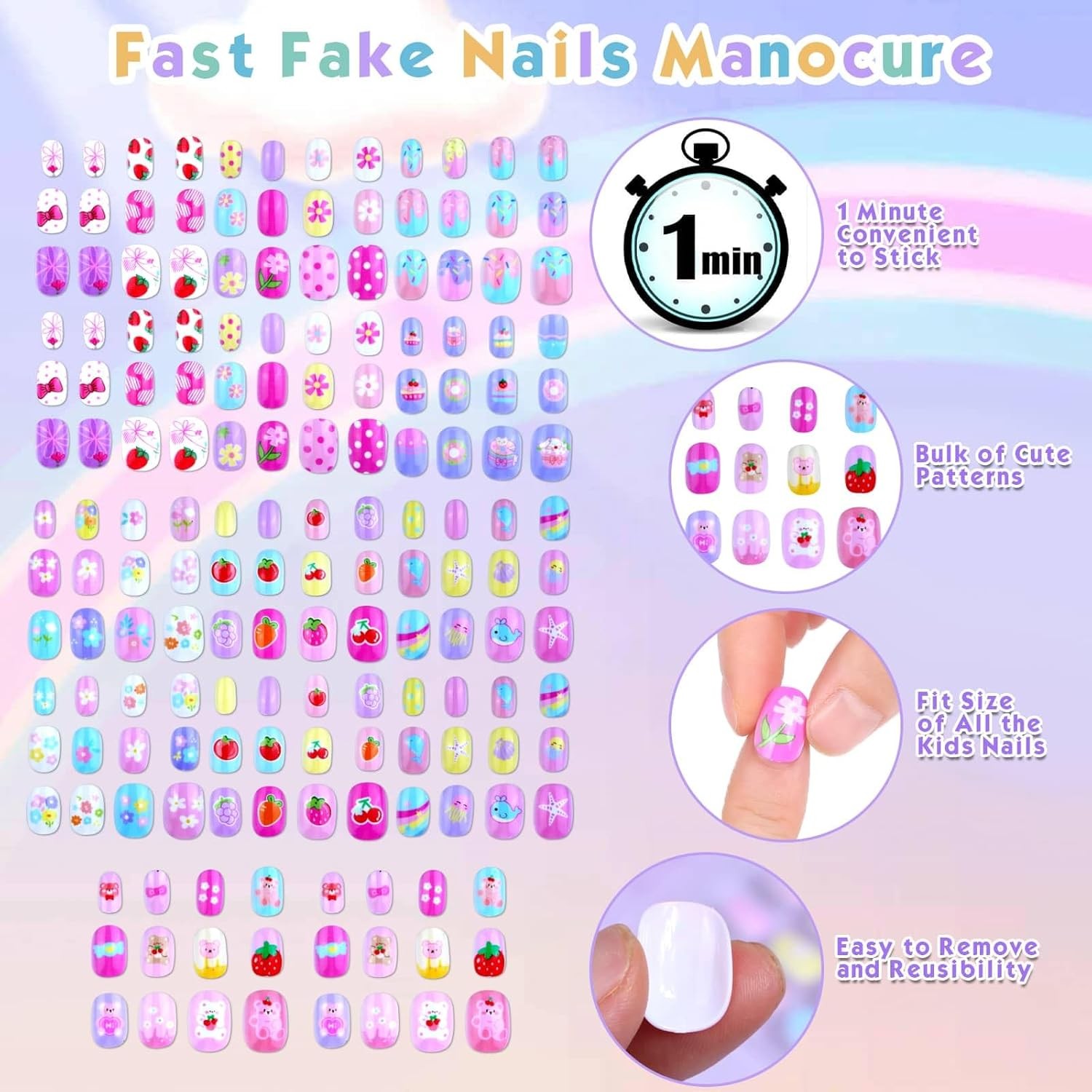 168Pcs Press on Nails for Kids Girls, Kids Fake Nails for Children Pre Glue Sti