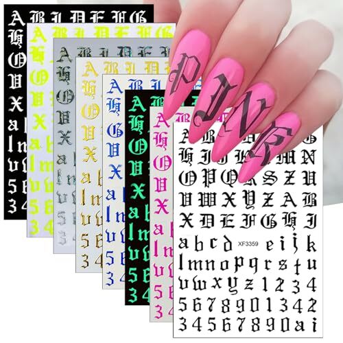 8 Sheets Old English Nail Sticker 3D Self-Adhesive Pegatinas Uñas Old Alphabet