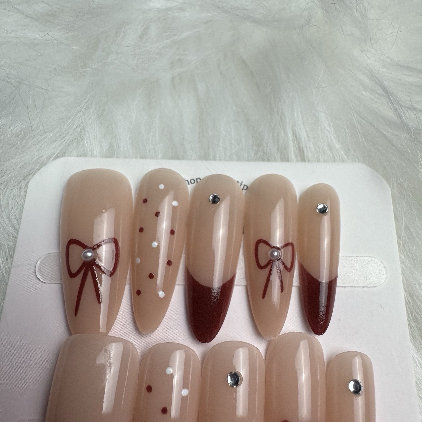 Press-On Nails Burgundy Bow & Polka Dot Coquette Medium Almond Shape Handmade