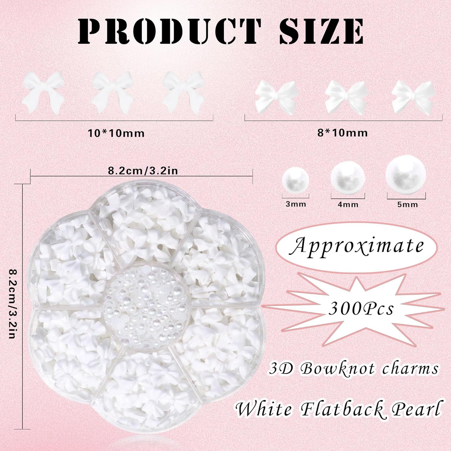 300Pcs Bow Nail Charms and Flatback Pearls,White Bowknot 3D Cute Nail Charms for