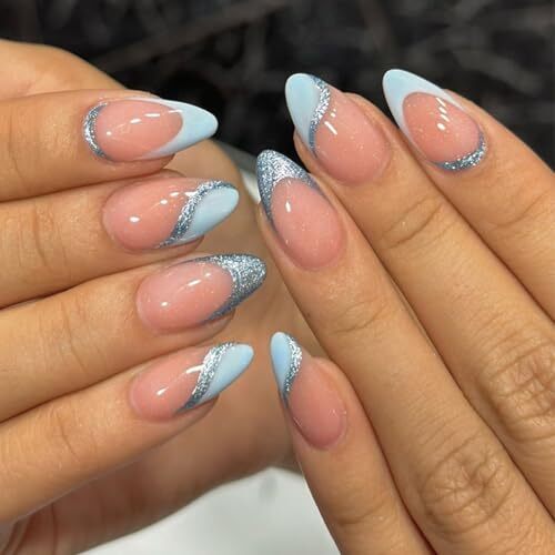 Light Blue French Tip Press on Nails Medium Almond – QUNQINLI Fake Design AB2