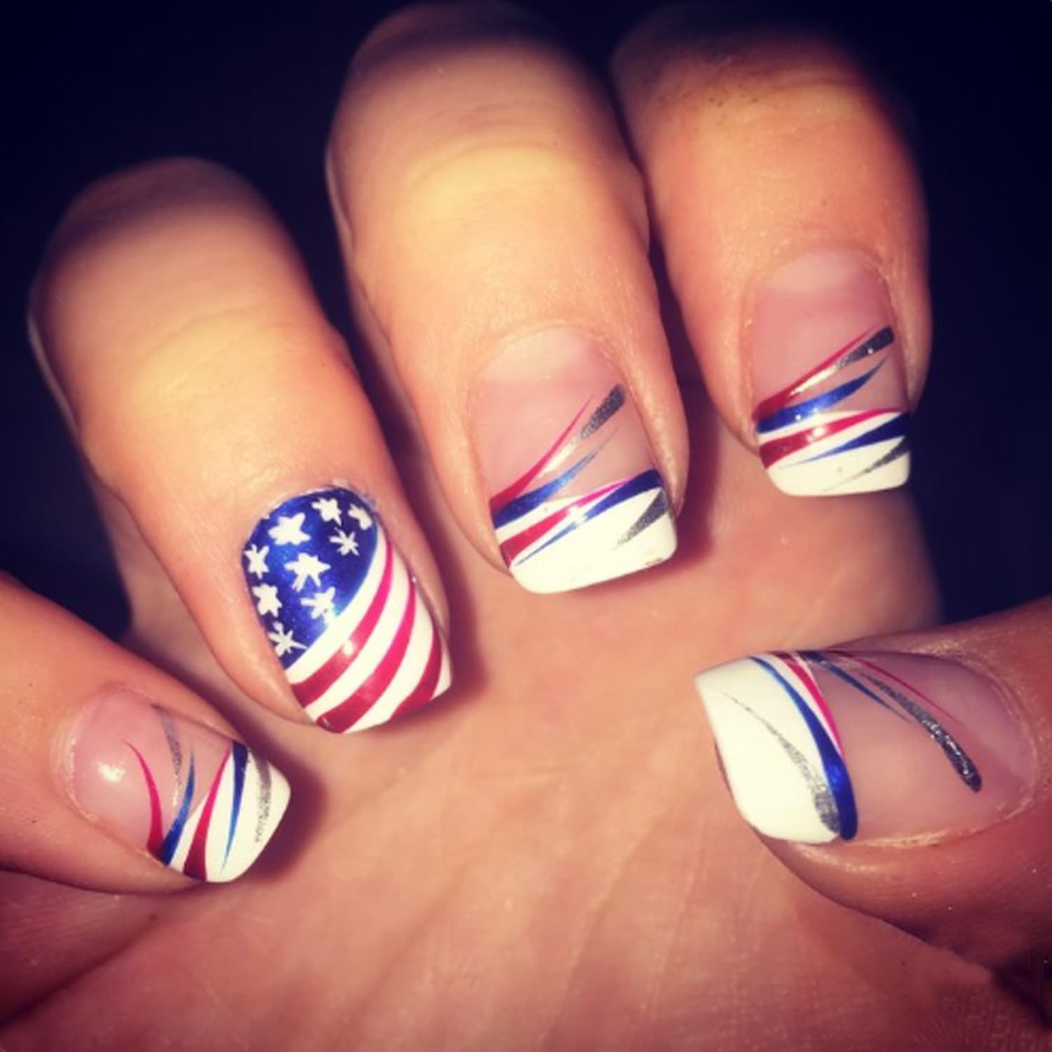 Independence Day Press on Nails Short Square Red Blue White Stripe and Flag