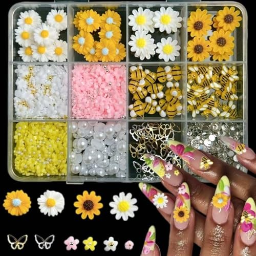 600PCS Nail Charms and Gems Gold Bee Yellow Flower for Nails yellow pink white