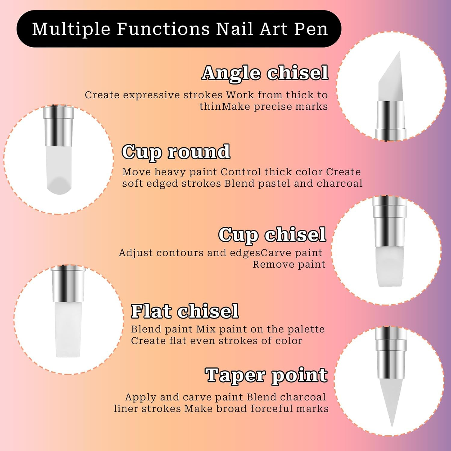10PCS Nail Art Gel Carving Pen Rhinestone Handle Silicone Nail Art Pen Brushes f
