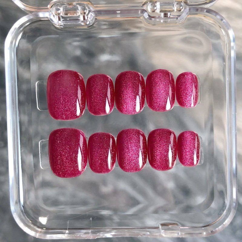 10Pcs-Short Round Vibrant Magenta Cat Eye Glossy Press on Nails